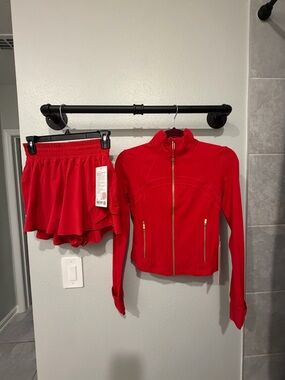 Lululemon NWT matching set in Oxford Red (Cropped Define & Shake It Out shorts.
